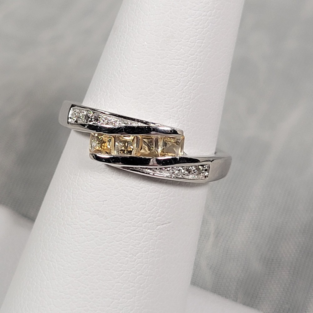 QJ Sterling Silver Citrine Ring w/ Clear Side Stones Bypass Size 5.25